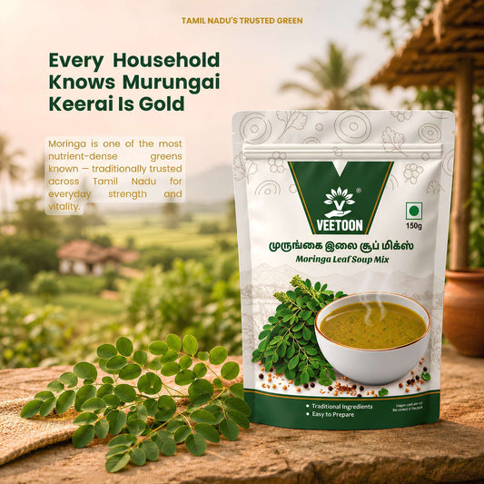 Murungai keerai moringa leaves with Veetoon Moringa Leaf Soup Mix pouch, a traditional Tamil Nadu green
