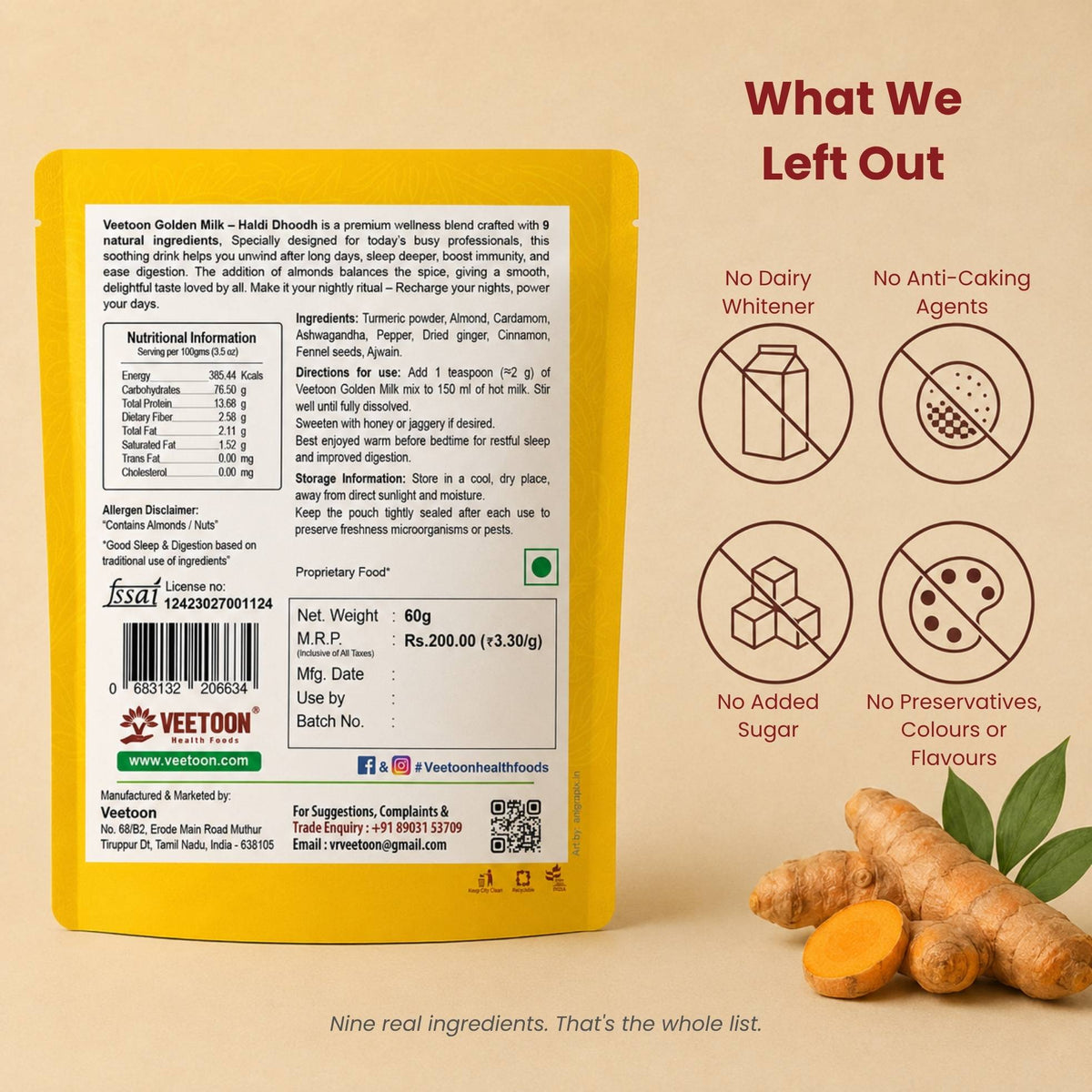 Veetoon Golden Milk Haldi Dhooth 60g back label – ingredients, nutritional information, directions for use, allergen note (contains almonds), FSSAI licence, no dairy whitener, no anti-caking agents, no added sugar, no preservatives