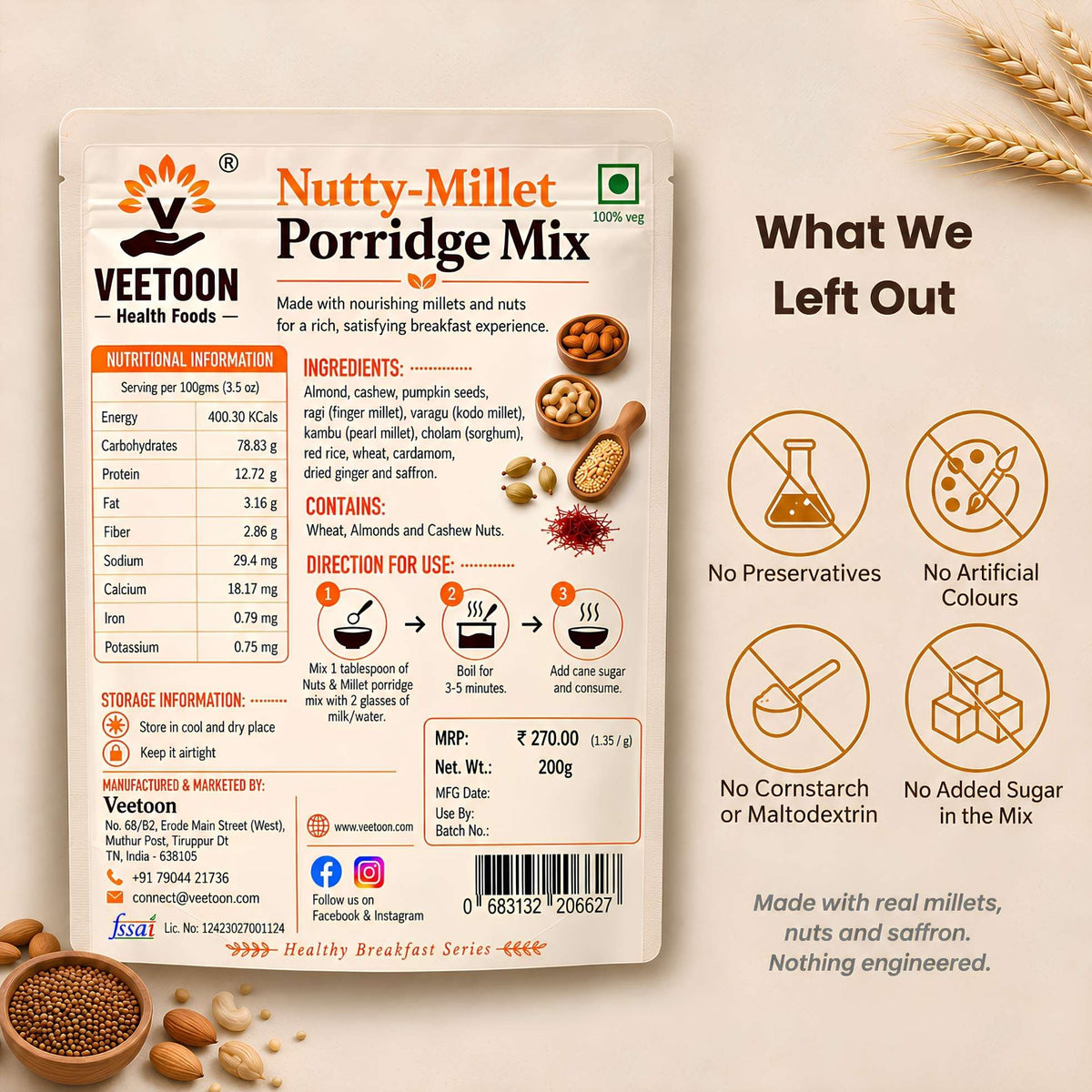 Back label of Veetoon Nutty-Millet Porridge Mix 200g with nutritional information, ingredients, directions for use and FSSAI licence