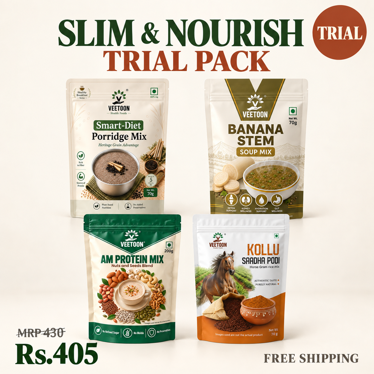 Veetoon Slim & Nourish Trial Pack — four 70g packs: Smart-Diet Porridge, AM Protein Mix, Kollu Saadha Podi and Banana Stem Soup Mix
