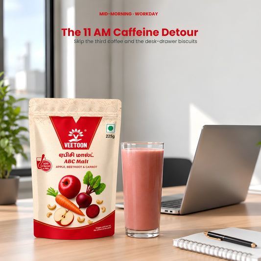 ABC Malt healthy mid-morning office drink with real fruit, veg and nuts, an alternative to coffee and biscuits
