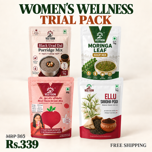 Veetoon Women's Wellness Trial Pack — Black Urad Dal Porridge 70g, Beet Nuts Drink Mix 80g, Ellu Saadha Podi 70g and Moringa Leaf Soup Mix 70g