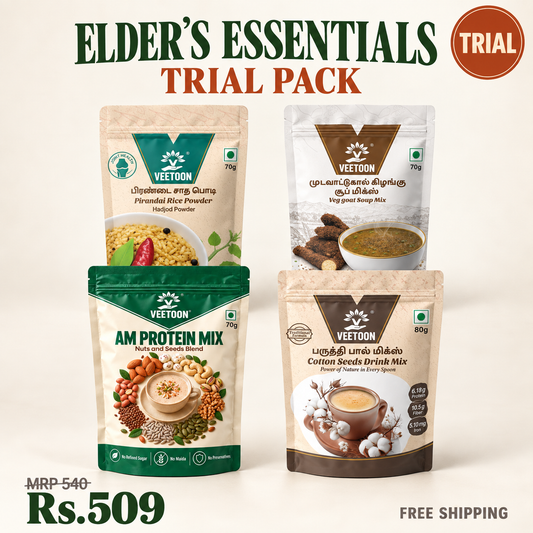 Veetoon Elder's Essentials Trial Pack — Pirandai Rice Powder 70g, AM Protein Mix 70g, Cotton Seeds Drink Mix 80g and Mudavaattu Kizhangu Soup Mix 70g