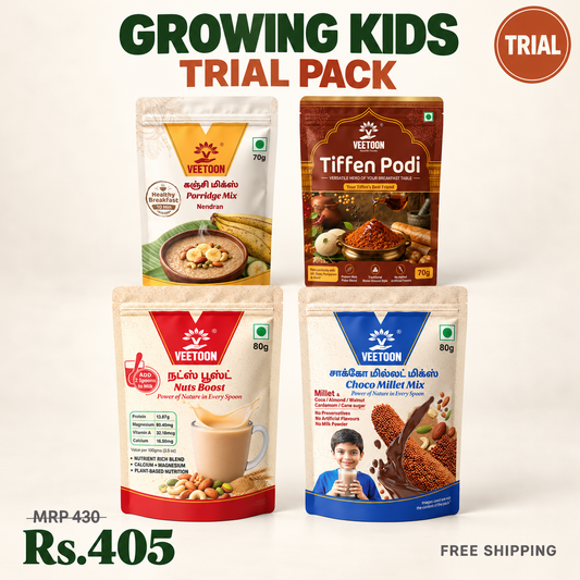 Veetoon Growing Kids Trial Pack — Nendran Porridge Mix 70g, Nuts Boost 80g, Choco Millet Mix 80g and Tiffen Podi 70g