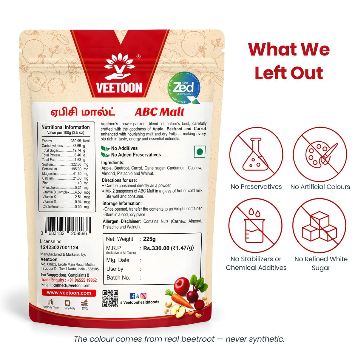 ABC Malt back label with ingredients and nutrition: no preservatives, no artificial colours, no refined white sugar