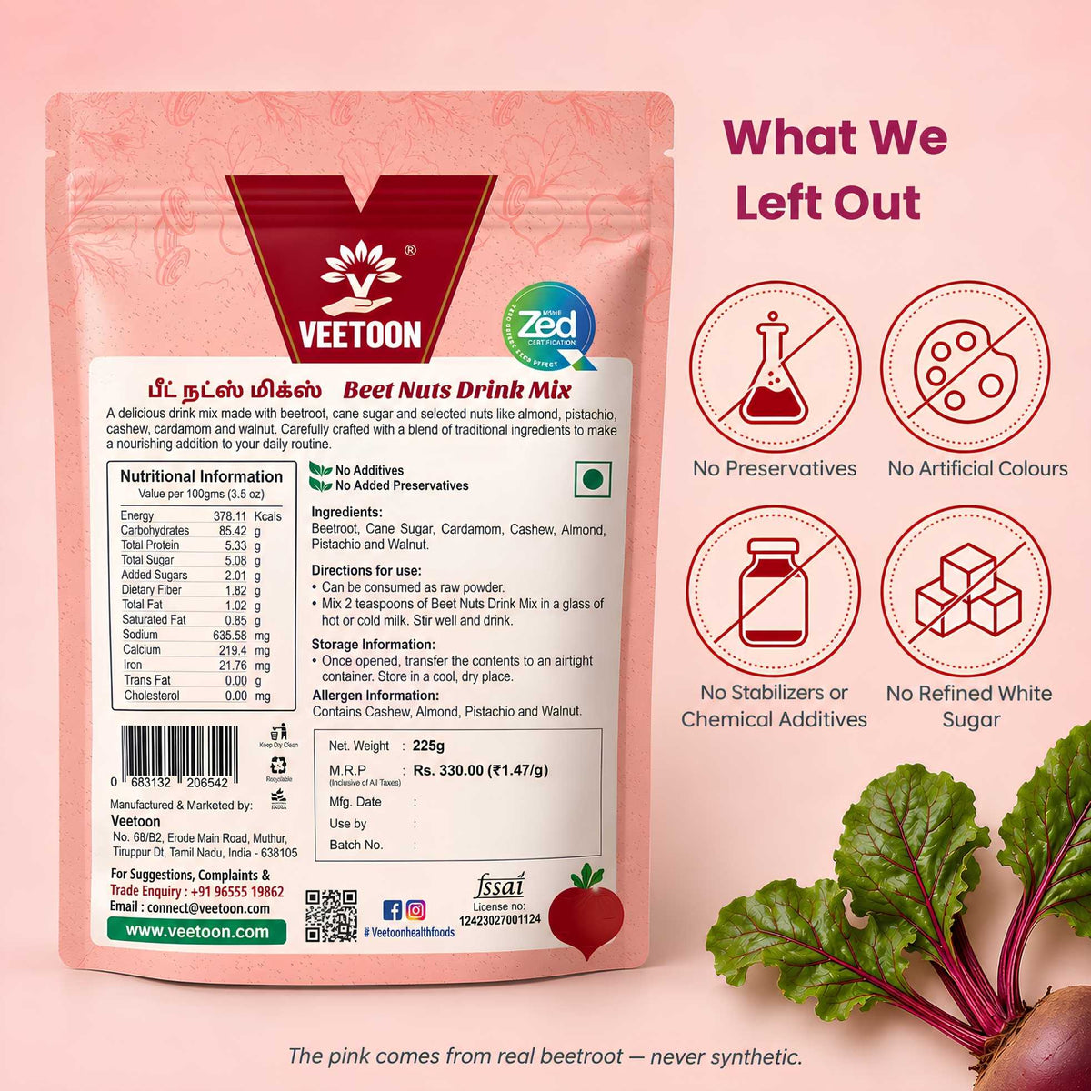 Beet Nuts Drink Mix back label with ingredients and nutrition: no preservatives, no artificial colours, no refined sugar