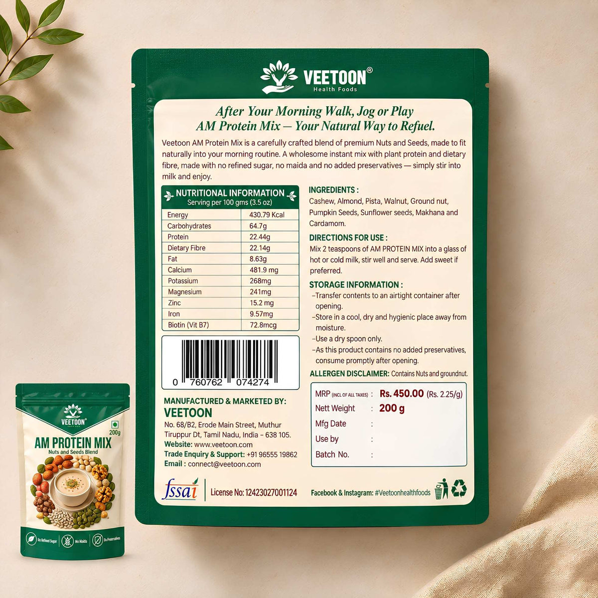Back label of Veetoon AM Protein Mix 200g with nutritional information, ingredients, directions for use and FSSAI licence