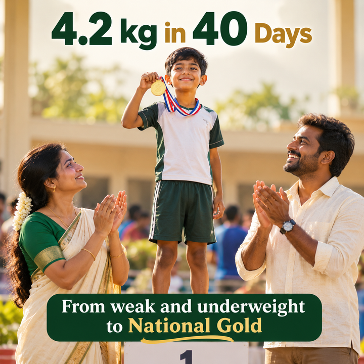 Slim South Indian boy on podium with national gold medal as proud parents clap – healthy weight gain for kids story