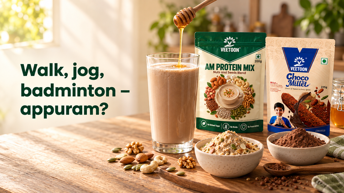 Veetoon AM Protein Mix and Choco Millet with a glass of milk and honey