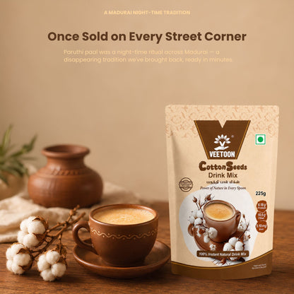 Veetoon Cotton Seeds Drink Mix 225g pouch (paruthi paal mix) with a clay cup of traditional Madurai cotton seed milk, a night-time tradition once sold on every street corner