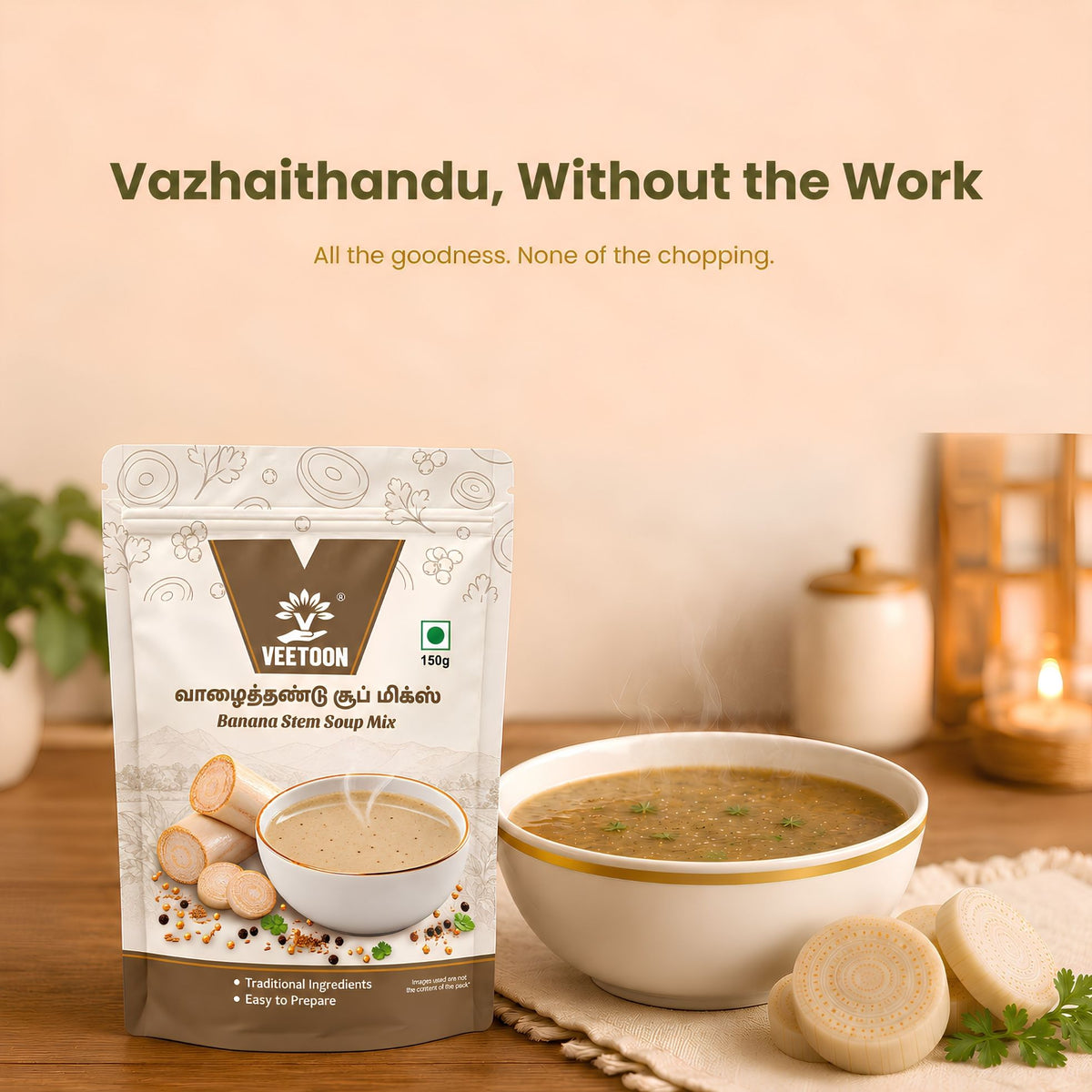 Veetoon Banana Stem (Vazhaithandu) Soup Mix 150g pouch with a bowl of hot soup and banana stem slices