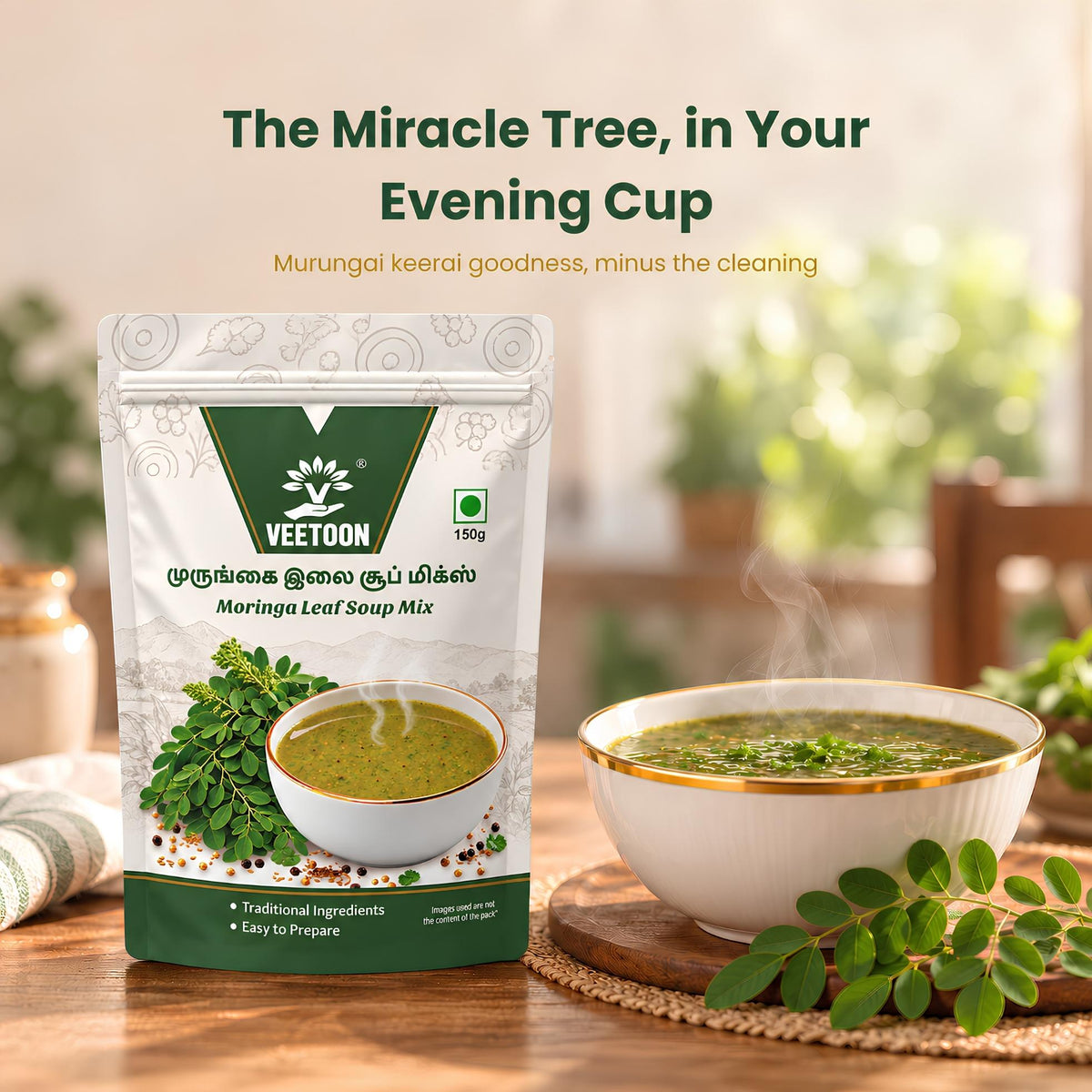 Veetoon Moringa Leaf (Murungai Keerai) Soup Mix 150g pouch with a bowl of hot green soup