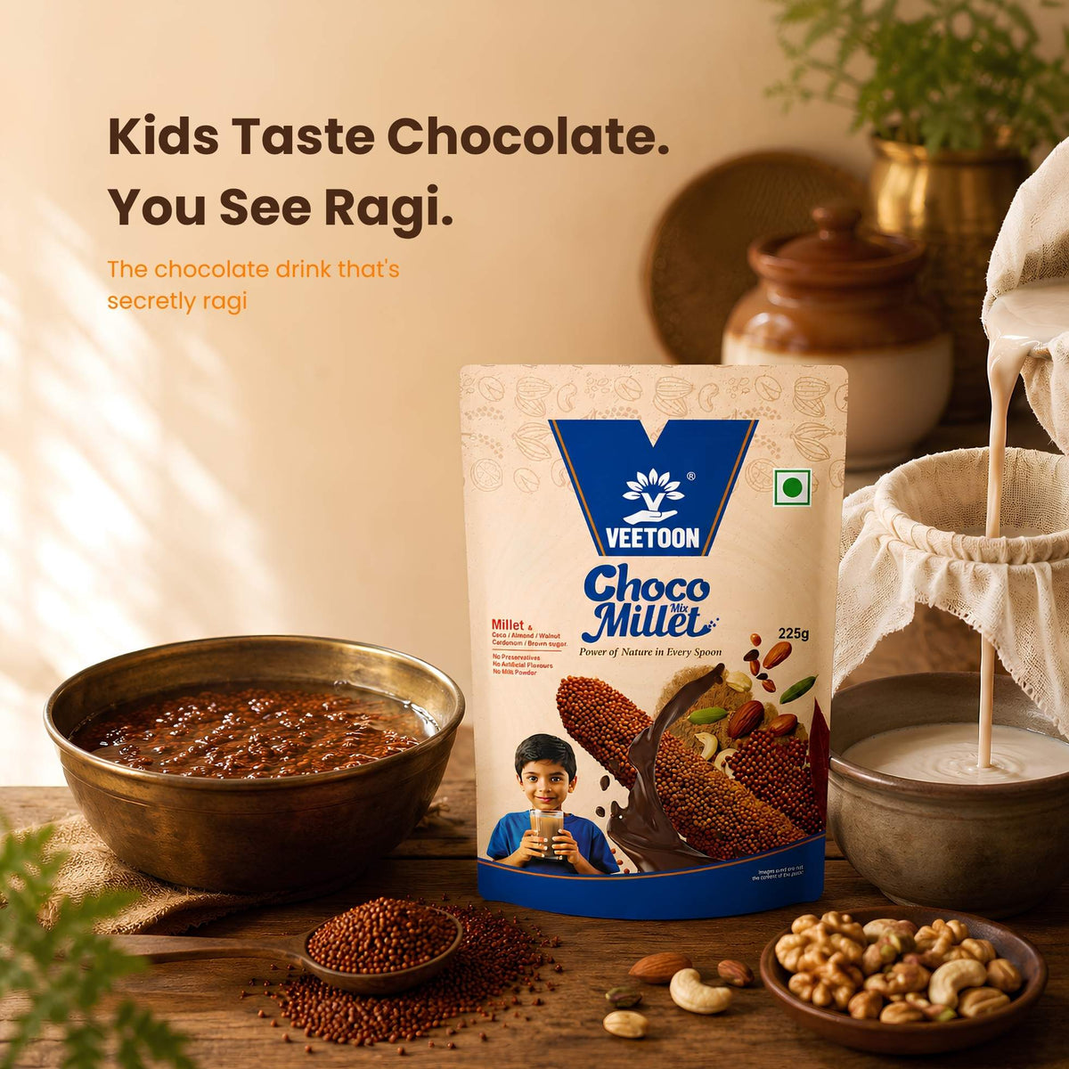 Ragi chocolate drink for kids: Veetoon Choco Millet Mix with overnight-soaked ragi and fresh ragi milk being strained the traditional way