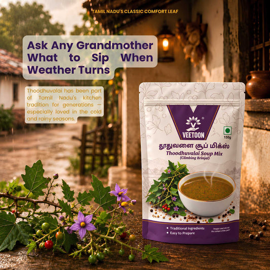 Thoodhuvalai climbing brinjal leaves and flowers beside Veetoon Thoodhuvalai Soup Mix pouch, a traditional Tamil Nadu comfort leaf