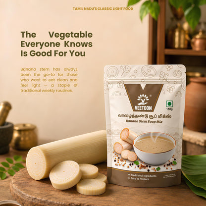 Banana stem log and slices beside Veetoon Banana Stem Soup Mix pouch, a classic Tamil Nadu light food