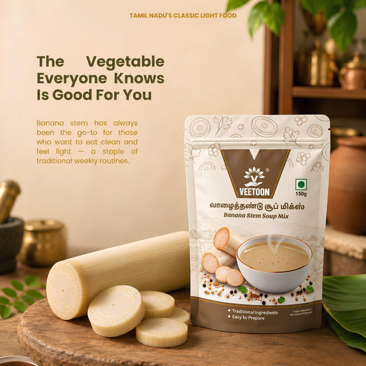 Banana stem log and slices beside Veetoon Banana Stem Soup Mix pouch, a classic Tamil Nadu light food