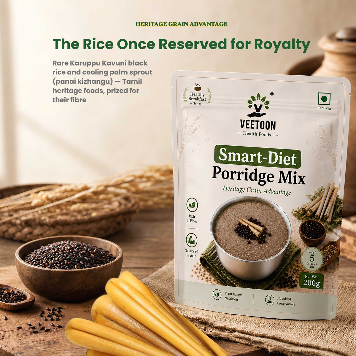 Smart-Diet Porridge Mix made with Karuppu Kavuni black rice and Panai Kizhangu palm sprout, Tamil heritage foods rich in fibre