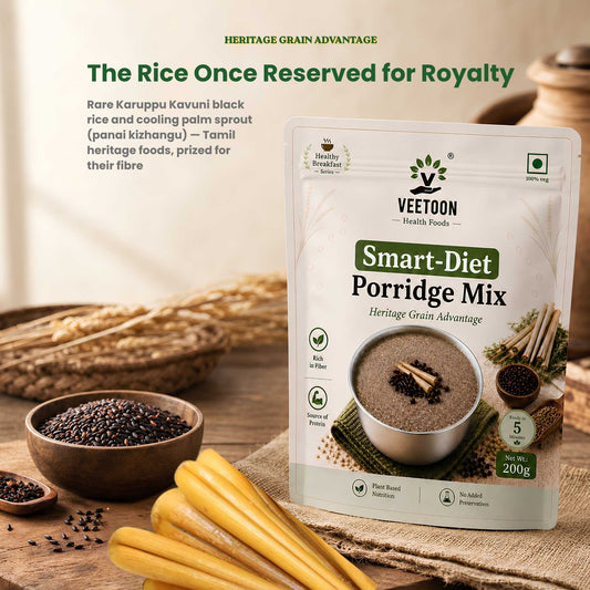 Smart-Diet Porridge Mix made with Karuppu Kavuni black rice and Panai Kizhangu palm sprout, Tamil heritage foods rich in fibre