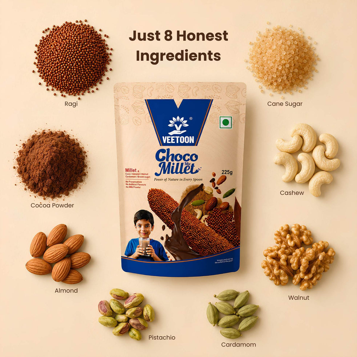 Veetoon Choco Millet Mix ingredients: ragi, cane sugar, cocoa powder, cashew, almond, walnut, pistachio and cardamom