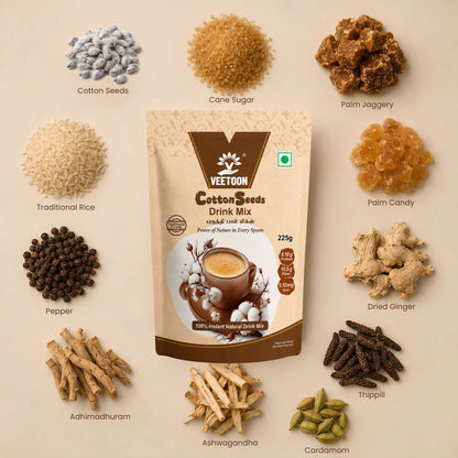 Veetoon Cotton Seeds Drink Mix ingredients: cotton seeds, cane sugar, palm jaggery, palm candy, traditional rice, dried ginger, pepper, thippili, adhimadhuram, ashwagandha and cardamom