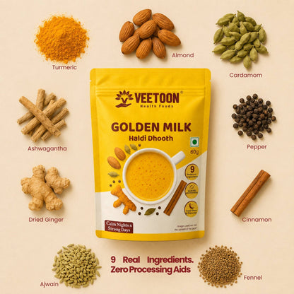 Veetoon Golden Milk ingredients – turmeric, almond, cardamom, ashwagandha, pepper, dried ginger, cinnamon, fennel and ajwain, 9 real ingredients