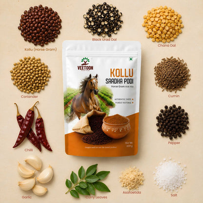 Veetoon Kollu Saadha Podi ingredients – kollu (horse gram), black urad dal, chana dal, coriander, cumin, pepper, chilli, garlic, curry leaves, asafoetida and salt