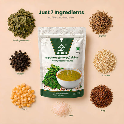 Ingredients of Veetoon Moringa Leaf Soup Mix: moringa leaves, cumin, pepper, kambu, ragi, corn and salt