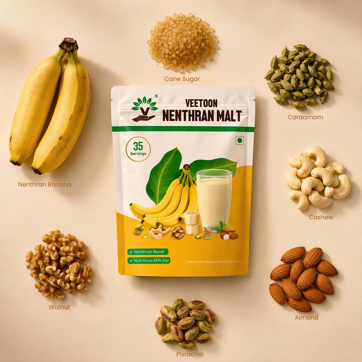 Veetoon Nenthran Malt ingredients: nenthran banana, cane sugar, cardamom, cashew, almond, pistachio and walnut