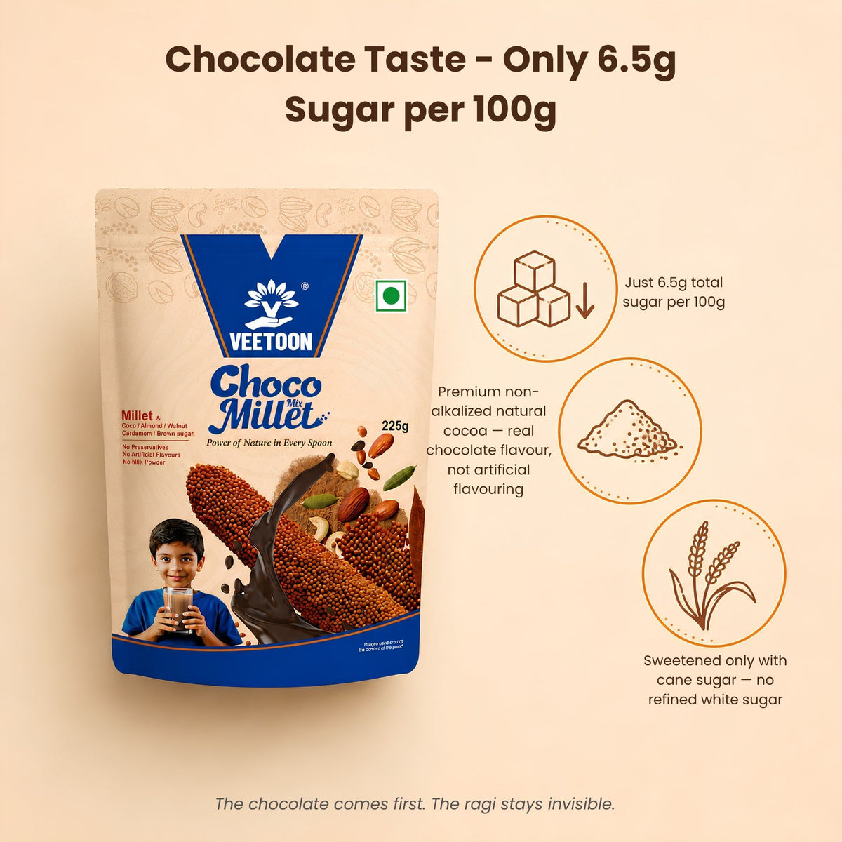 Choco Millet Mix low sugar ragi health drink with 6.5g total sugar per 100g, natural non-alkalized cocoa and cane sugar, no refined white sugar