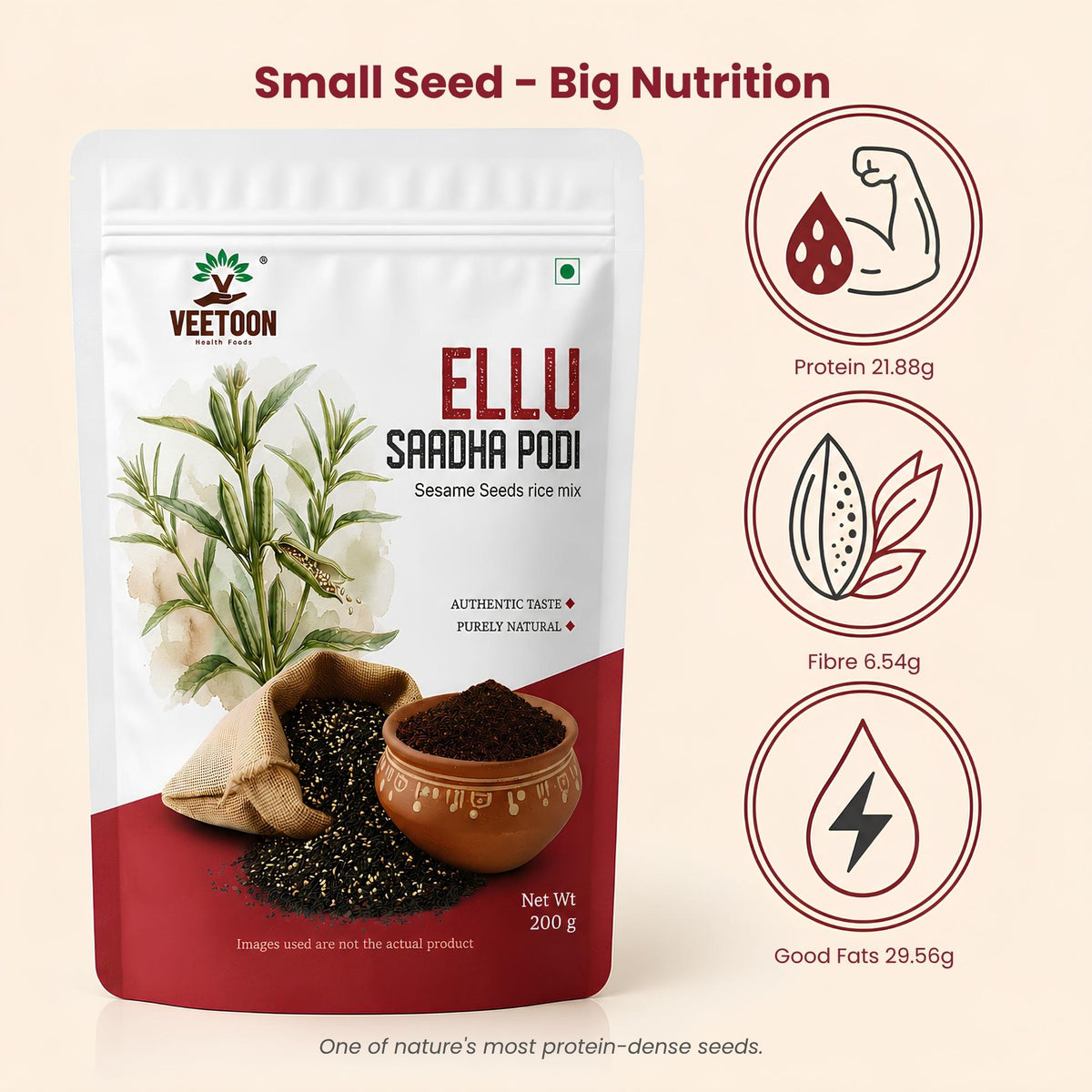 Veetoon Ellu Saadha Podi nutrition highlights – protein 21.88g, fibre 6.54g and fats 29.56g per 100g, black sesame rice mix
