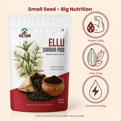 Veetoon Ellu Saadha Podi nutrition highlights – protein 21.88g, fibre 6.54g and fats 29.56g per 100g, black sesame rice mix