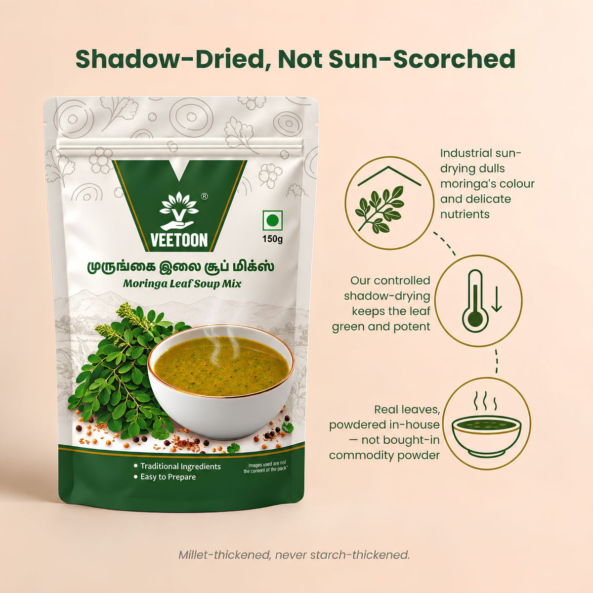 Shadow-dried moringa leaf soup mix made with controlled low-temperature drying