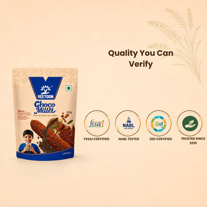 Veetoon Choco Millet Mix quality badges: FSSAI certified, NABL tested, ZED certified, trusted since 2019