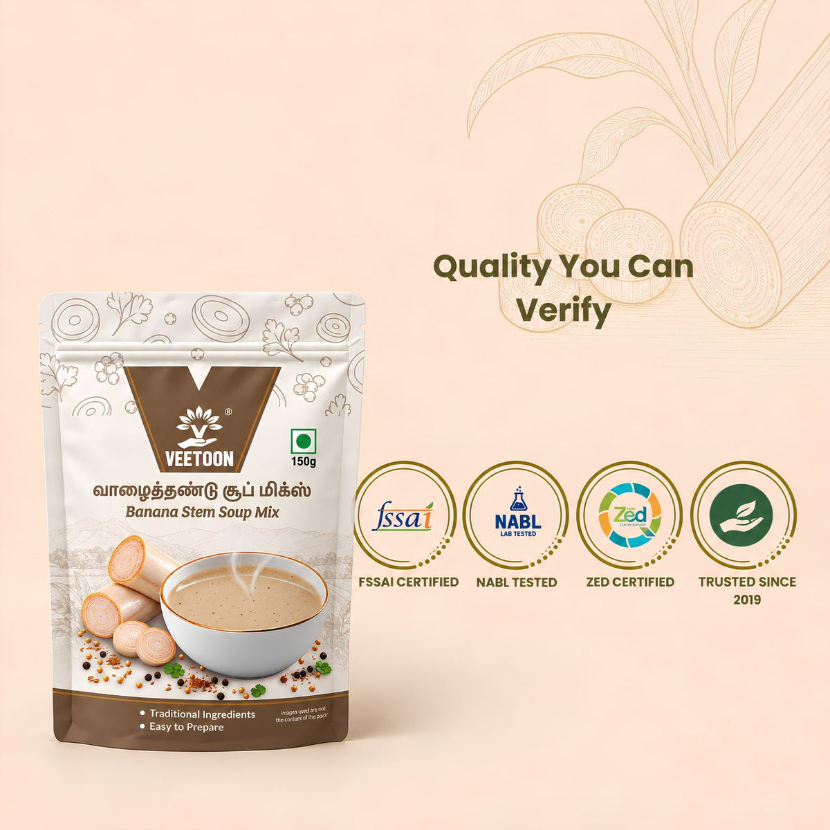 Veetoon Banana Stem Soup Mix FSSAI certified, NABL lab tested and ZED certified