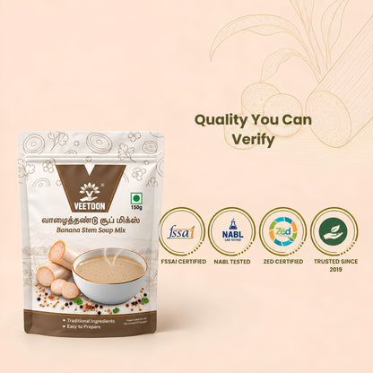 Veetoon Banana Stem Soup Mix FSSAI certified, NABL lab tested and ZED certified