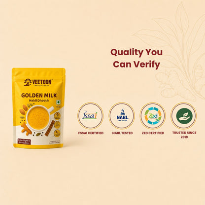 Veetoon golden milk haldi dhooth quality badges – FSSAI certified, NABL lab tested, ZED certified, trusted since 2019