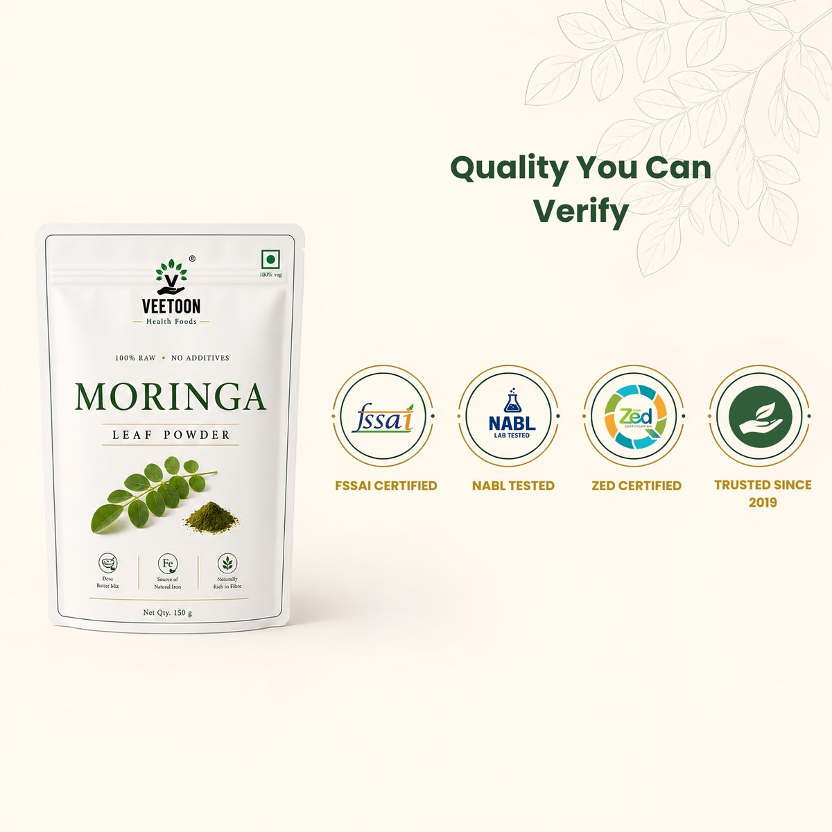 Veetoon moringa leaf powder quality badges – FSSAI certified, NABL lab tested, ZED certified, trusted since 2019