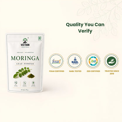 Veetoon moringa leaf powder quality badges – FSSAI certified, NABL lab tested, ZED certified, trusted since 2019