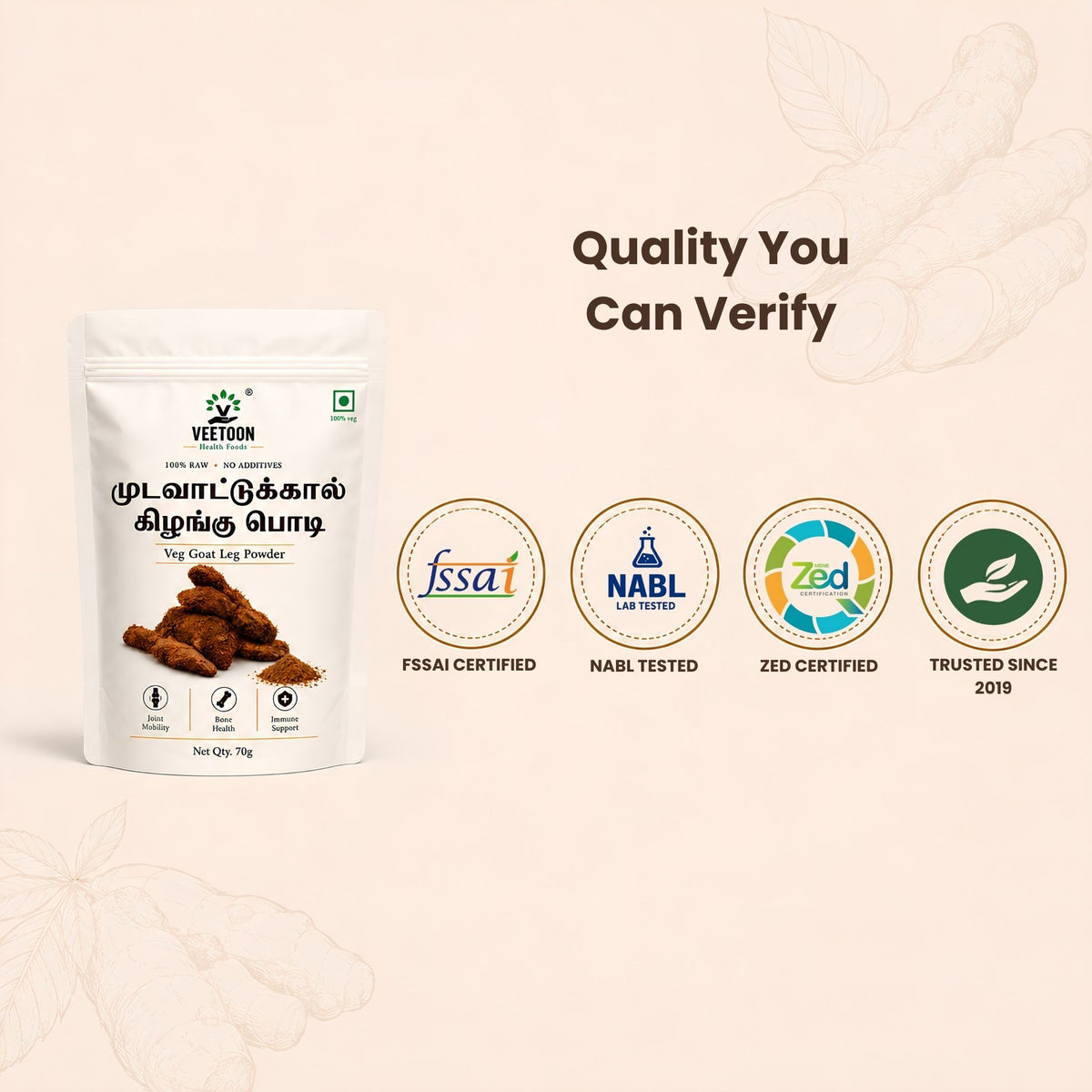 Veetoon mudavaattu kizhangu powder quality badges – FSSAI certified, NABL lab tested, ZED certified, trusted since 2019