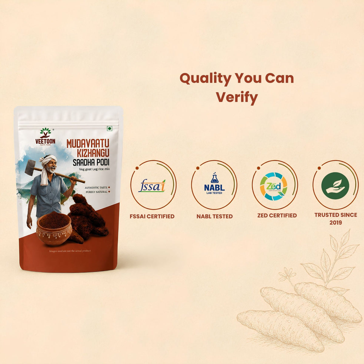 Veetoon mudavattu kizhangu podi quality badges – FSSAI approved, NABL tested, ZED certified, trusted since 2019