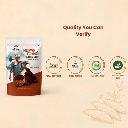 Veetoon mudavattu kizhangu podi quality badges – FSSAI approved, NABL tested, ZED certified, trusted since 2019