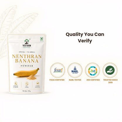 Veetoon nenthran banana powder quality badges – FSSAI certified, NABL lab tested, ZED certified, trusted since 2019