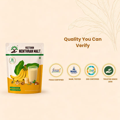 Veetoon Nenthran Malt quality badges: FSSAI certified, NABL tested, ZED certified, trusted since 2019