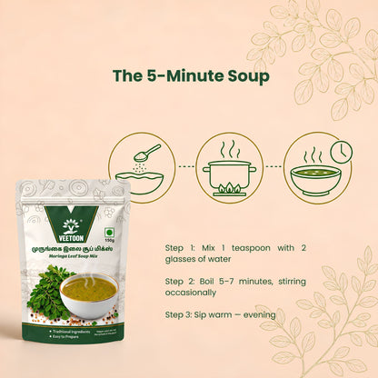 How to make moringa soup: mix 1 teaspoon with 2 glasses of water and boil 5 to 7 minutes