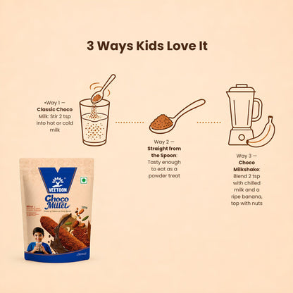 How to make choco millet milk with Veetoon Choco Millet Mix: classic choco milk, straight from the spoon, and choco milkshake with ripe banana