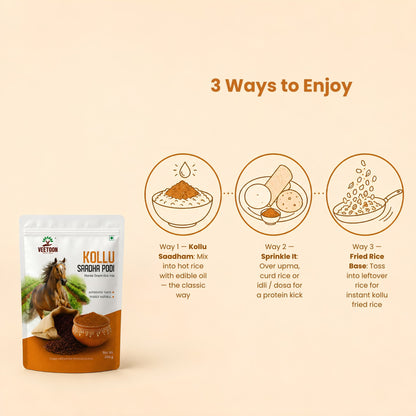 How to use Kollu Saadha Podi – mix into hot rice with oil as kollu saadham, sprinkle over upma, curd rice, idli or dosa, or toss into leftover rice for kollu fried rice