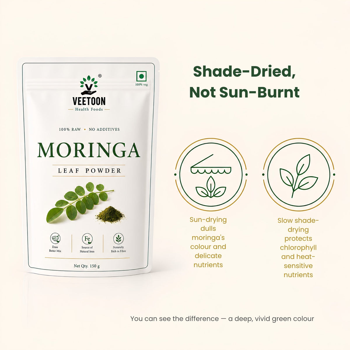 Shade-dried moringa leaf powder (murungai ilai podi) from Veetoon with a deep green colour, slow shade-drying instead of sun-drying