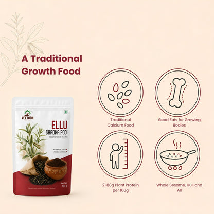 Benefits of Veetoon ellu podi – traditional black sesame food, good fats, 21.88g plant protein per 100g and whole sesame with hull for kids and growing bodies