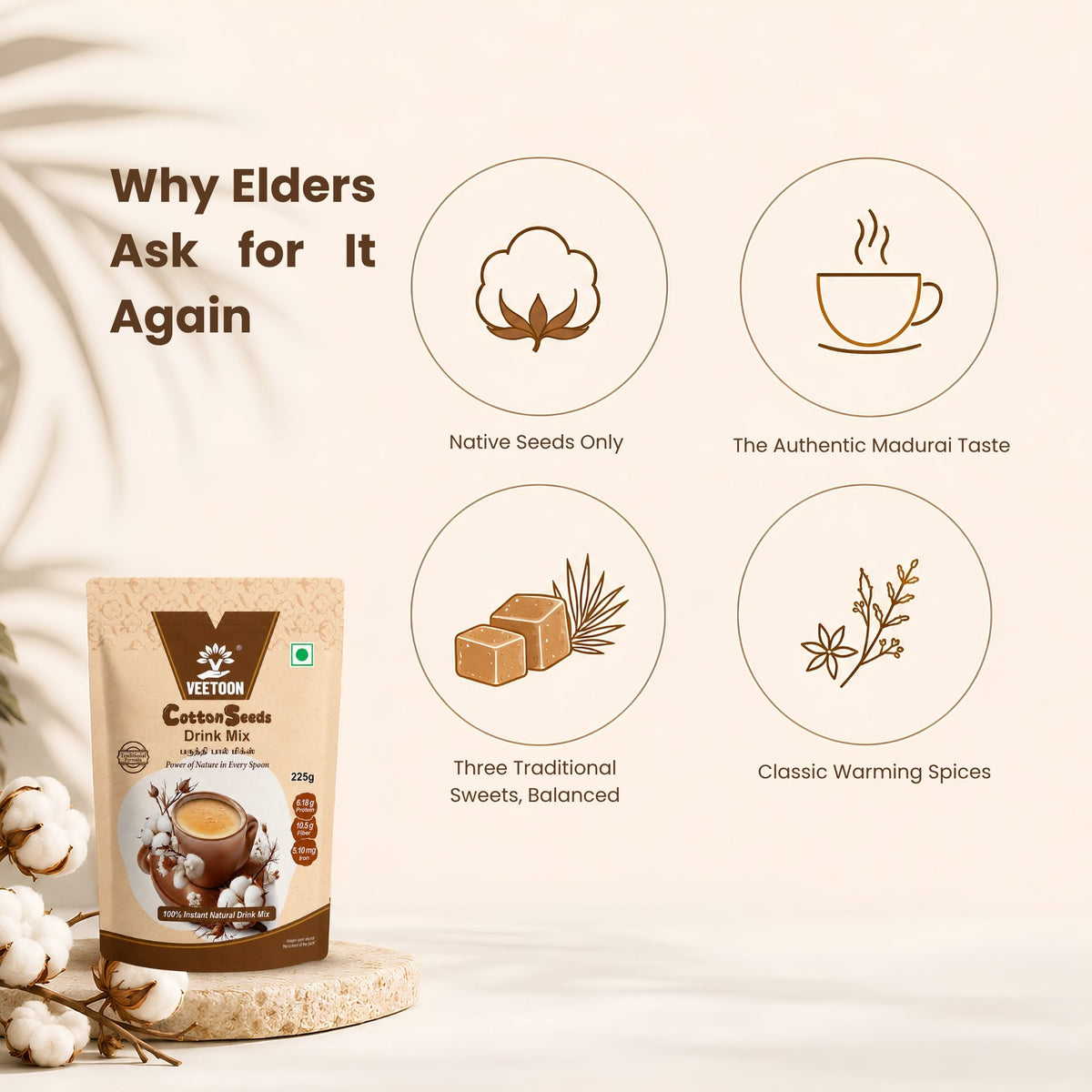 Why elders ask for paruthi paal again: native cotton seeds only, authentic Madurai taste, three traditional sweets (cane sugar, palm jaggery, palm candy) and classic warming spices