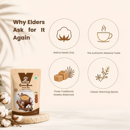 Why elders ask for paruthi paal again: native cotton seeds only, authentic Madurai taste, three traditional sweets (cane sugar, palm jaggery, palm candy) and classic warming spices